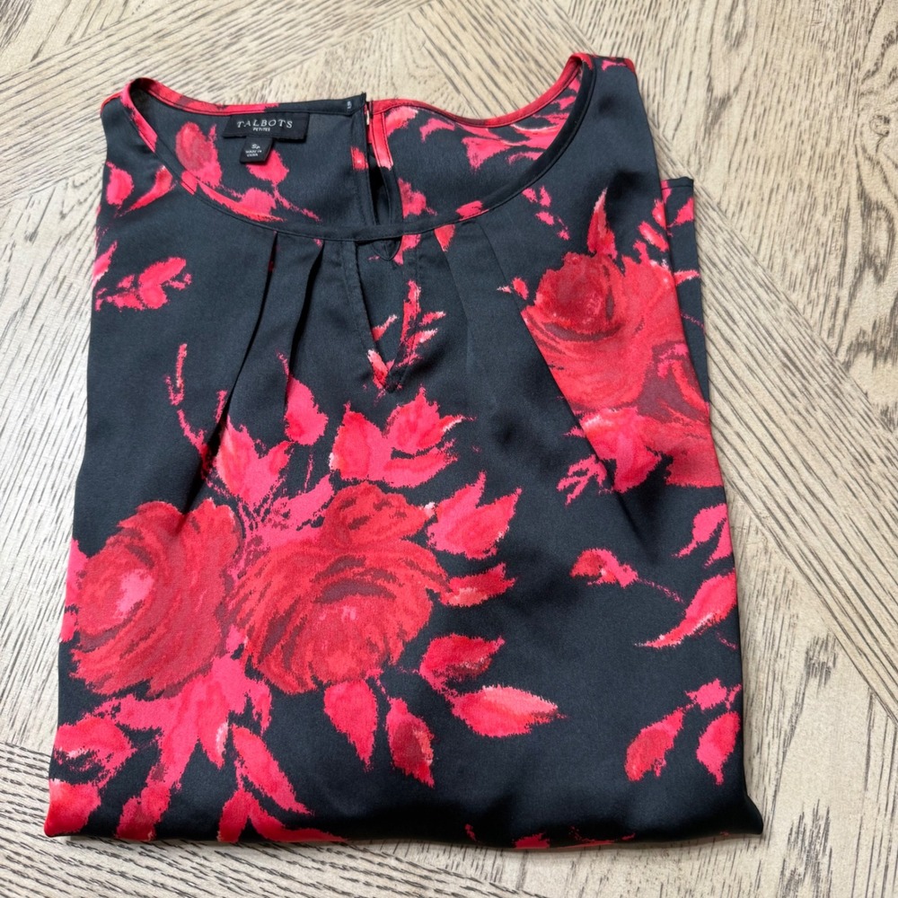 Talbots Petites SP small petite Black Red Floral Blouse Top Keyhole Neck